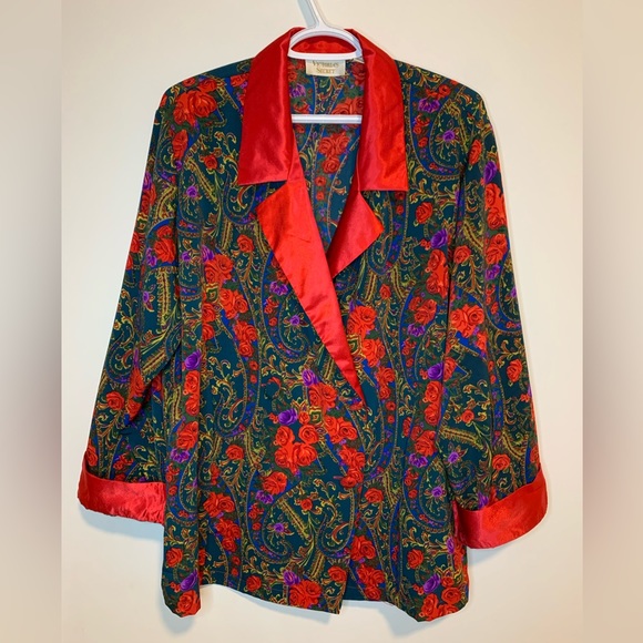 Vintage Victoria Secret Gold Label Night Pajama Shirt Blazer Red Rose Holiday LG - Picture 1 of 9